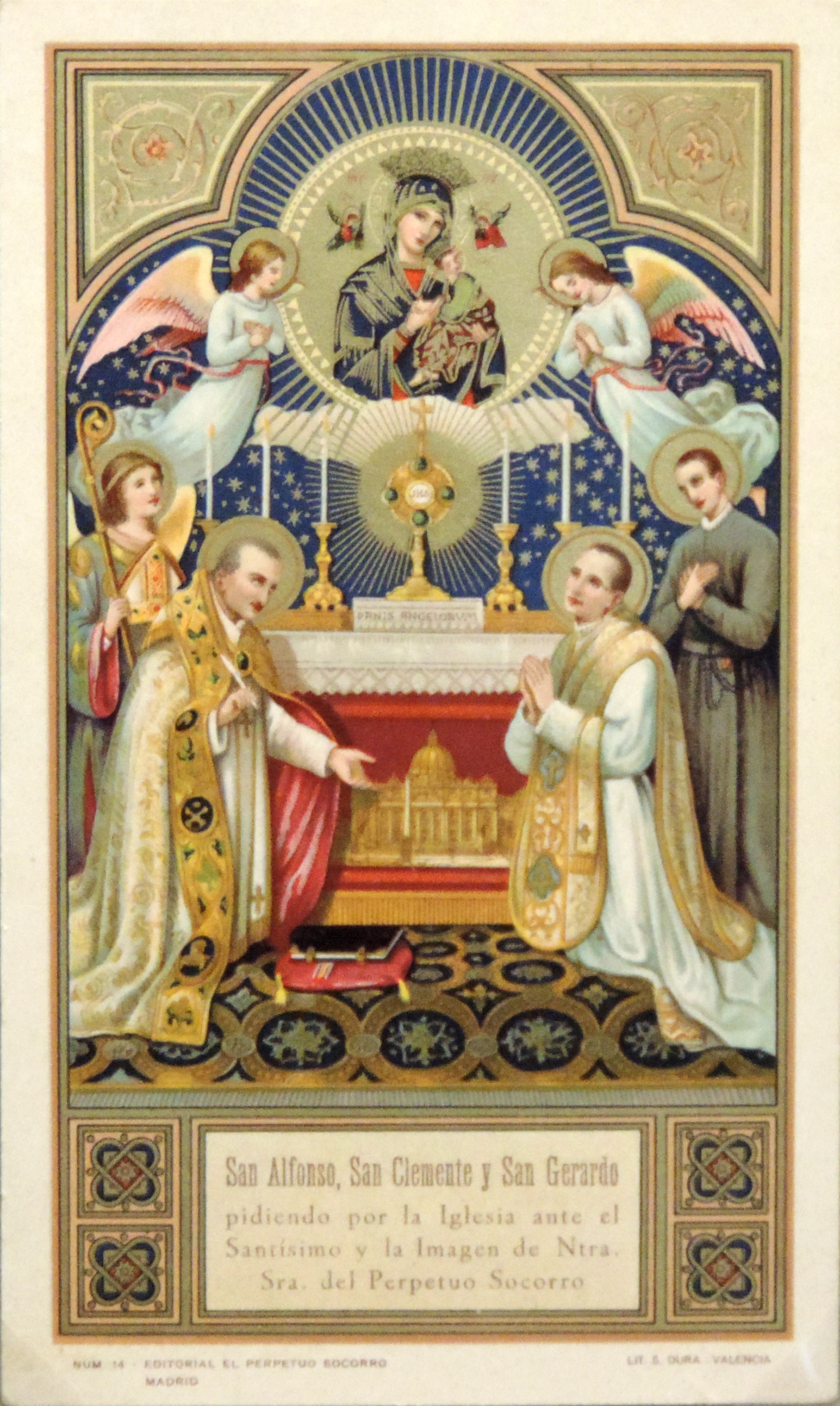 San Alfonso, San Clemento y San Gerardo ante la Virgen del Perpetuo Socorro. Cromolitografía